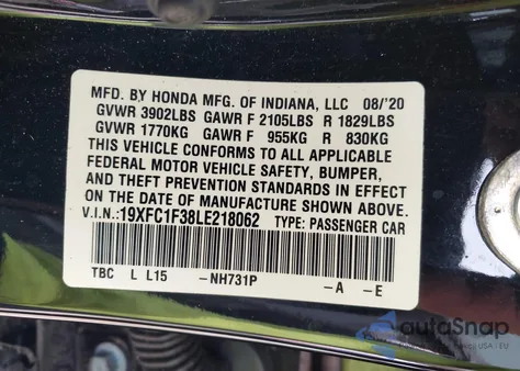 2020 Honda Civic Ex из США, поврежденный, VIN 19XFC1F38LE218062